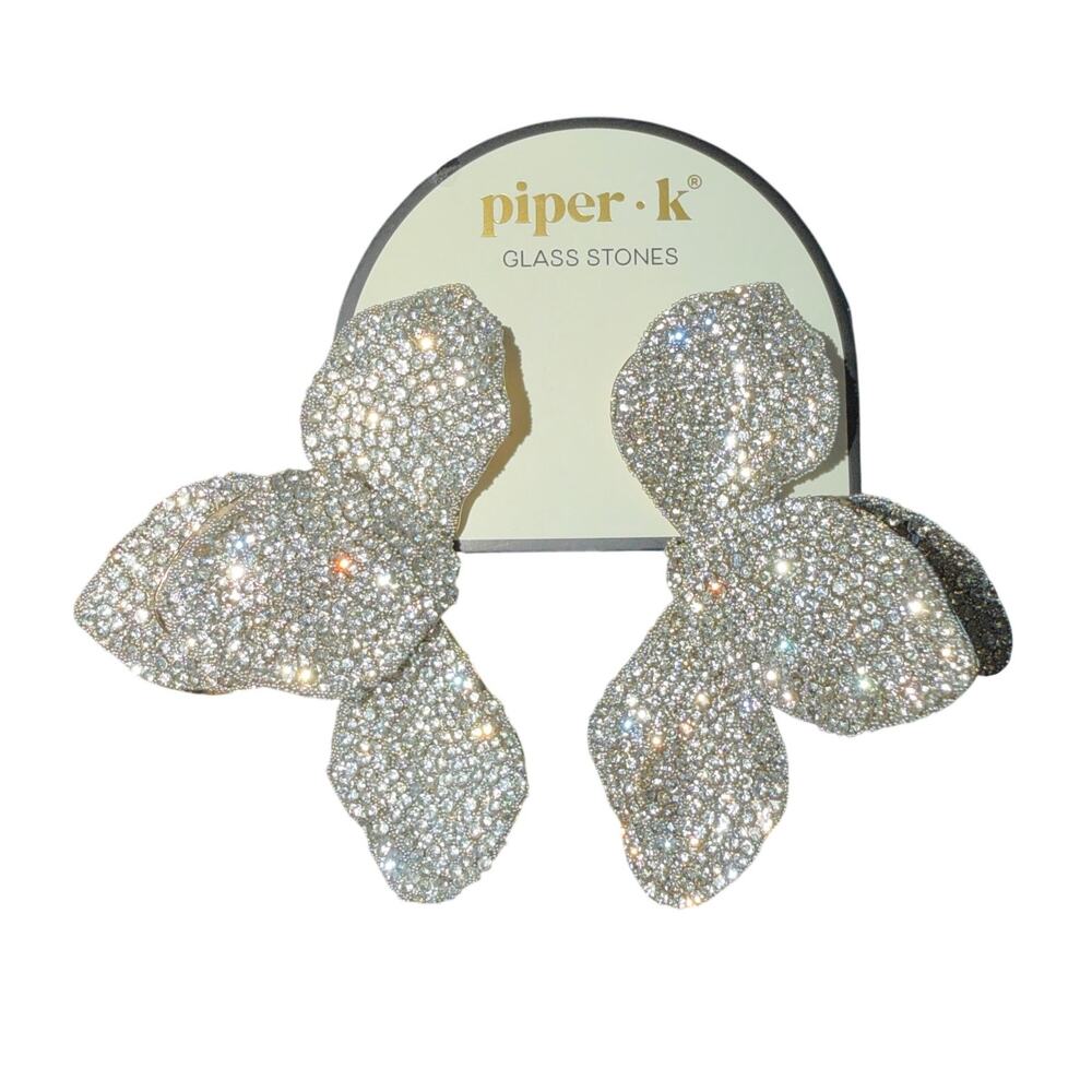 Piper K Silver Crystal Glass Stone Floral Petal Pave Rhinestone Drop Earrings NW